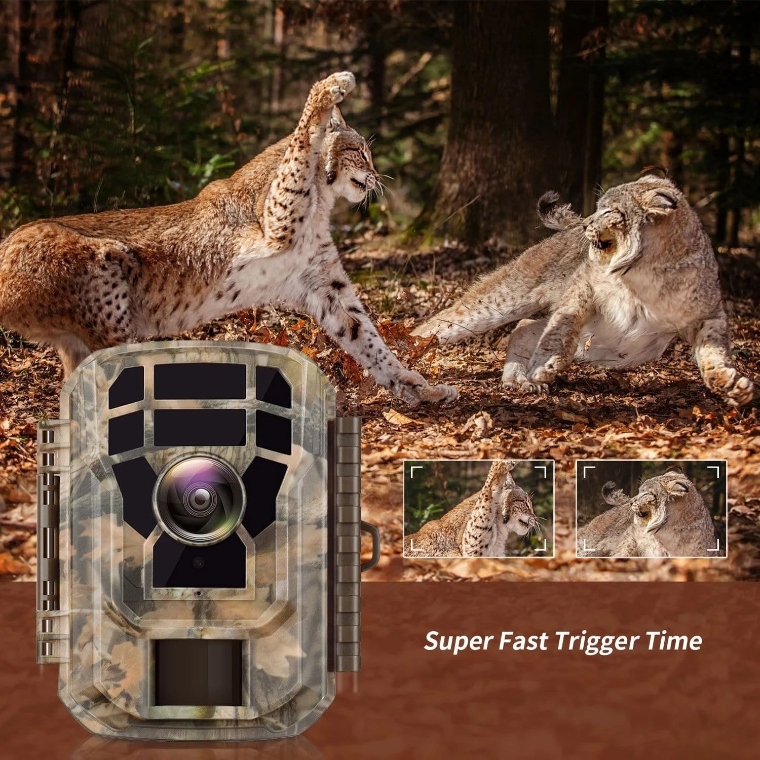 Campark T20 1080P Trail Camera, Package includes: trail camera, USB cable, user manual, mounting rope, and screws.
