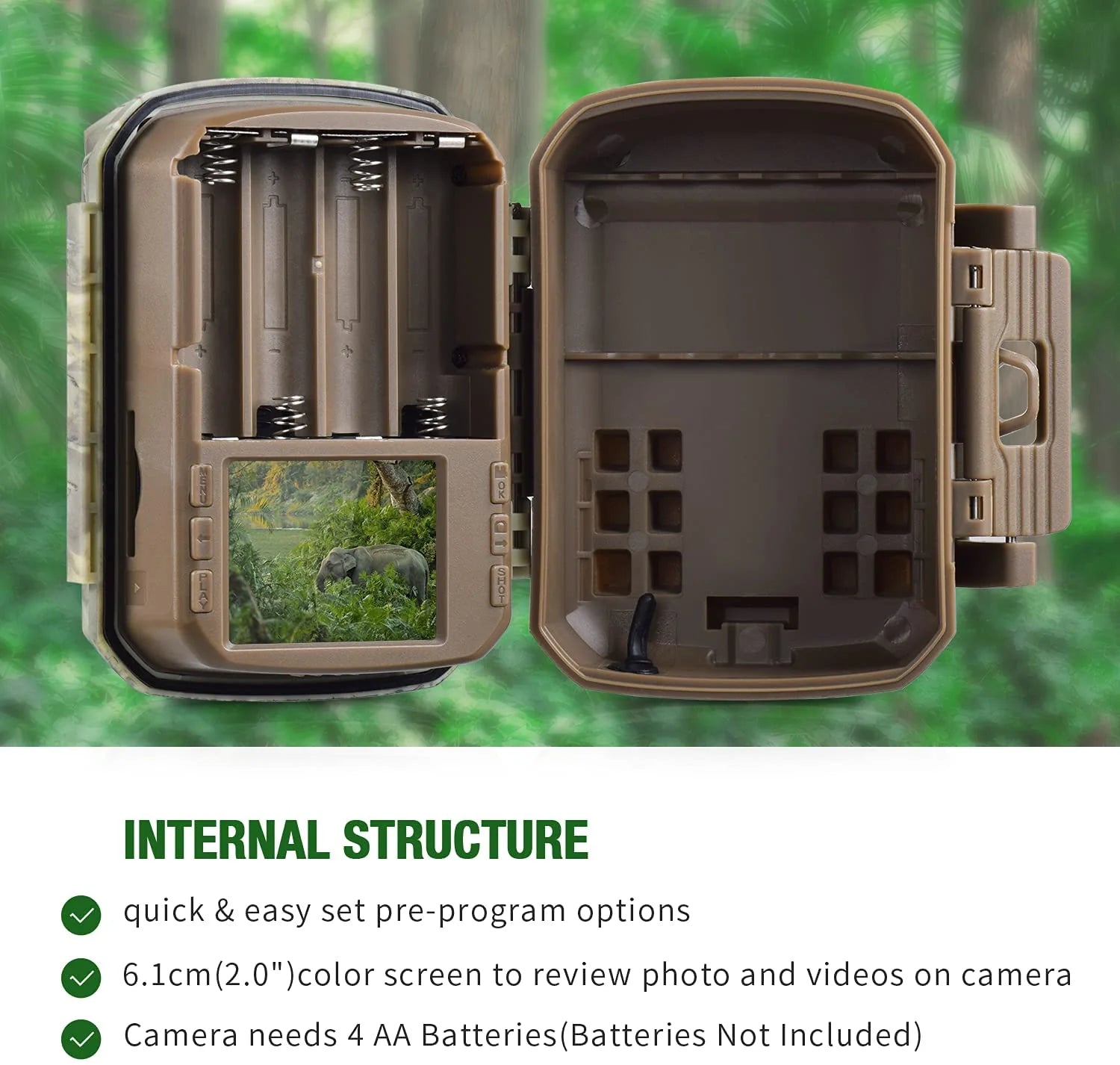 Campark T20 1080P Trail Camera, The Campark T20 trail game camera has quick setup, 6.2" LCD screen, and requires 4AA batteries.