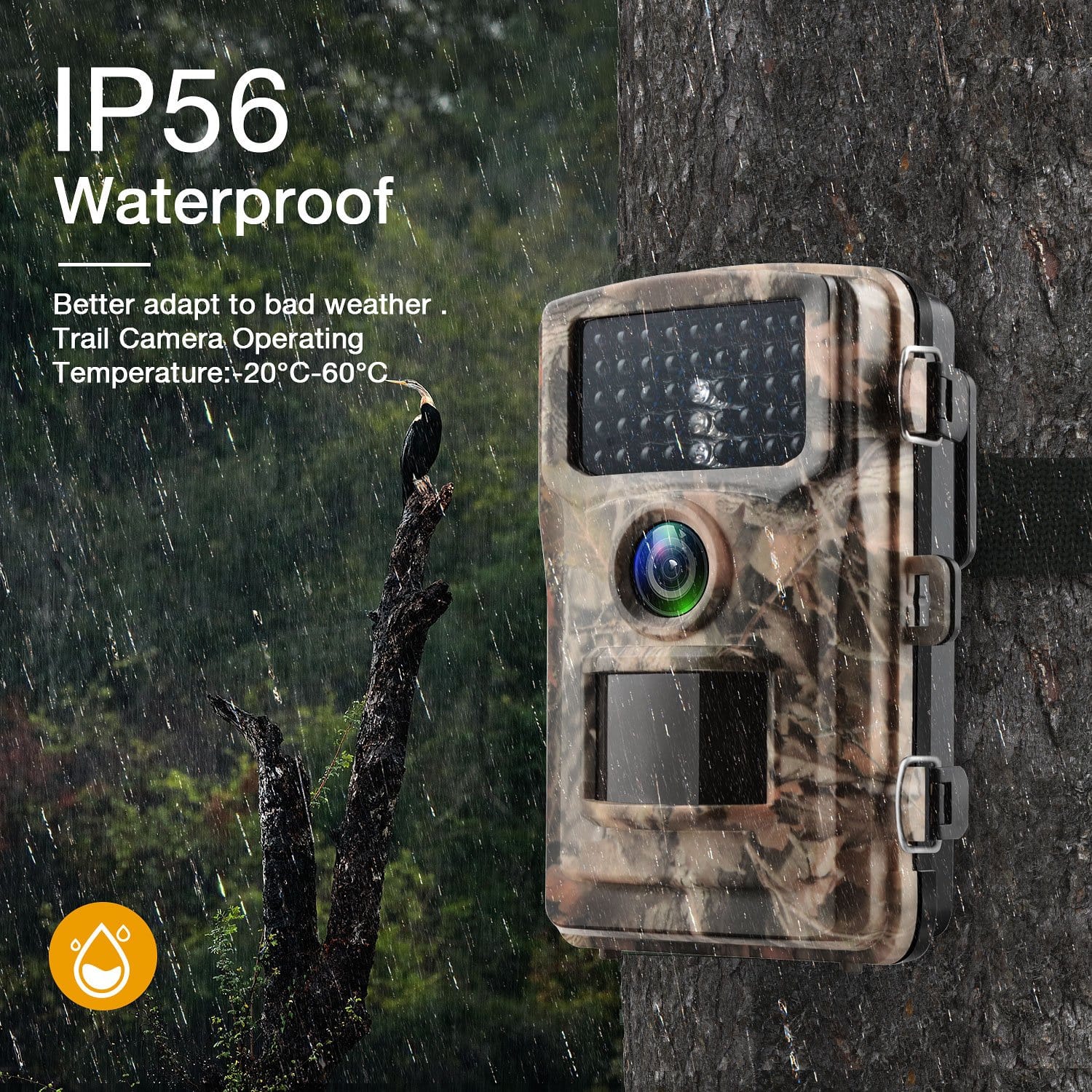 Campark T40A Game Camera, Capture life moments with Campark T40A camera featuring waterproof design and operating temperatures between +20°C to 60°C.