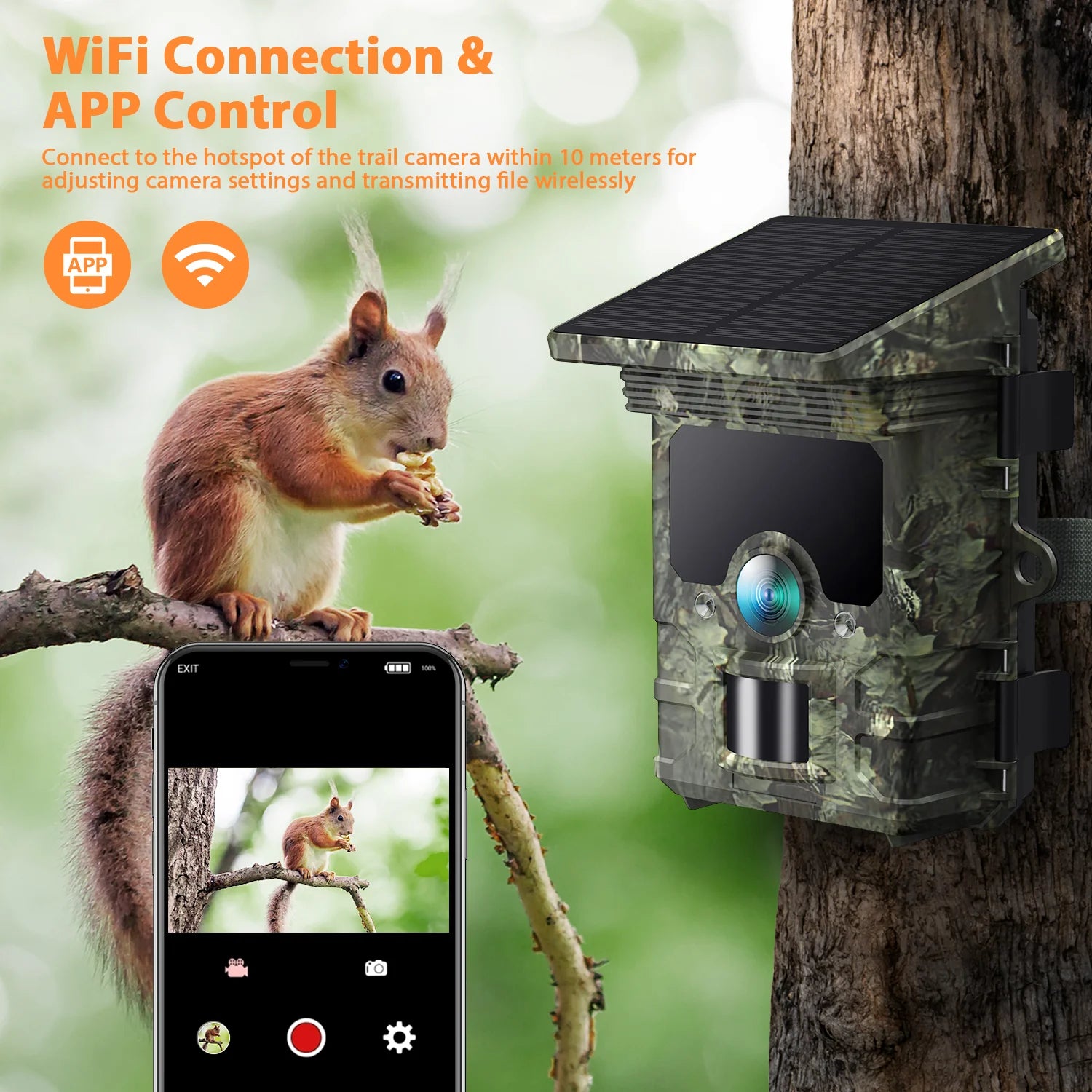 Campark TC02 4K Solar Camera, Control and transmit files via WiFi from within a 10-meter range, adjusting camera settings through an app.