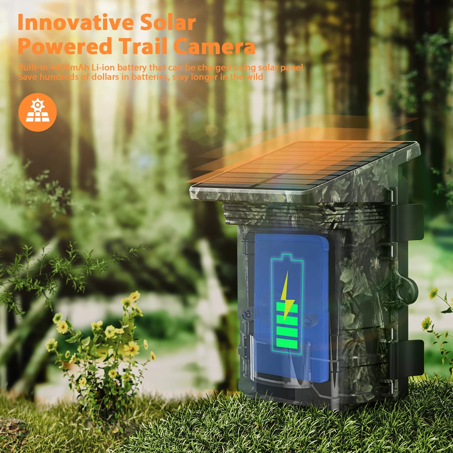 Campark TC02 4K Solar Camera, The Campark TC02 camera features solar-powered technology with a rechargeable battery.
