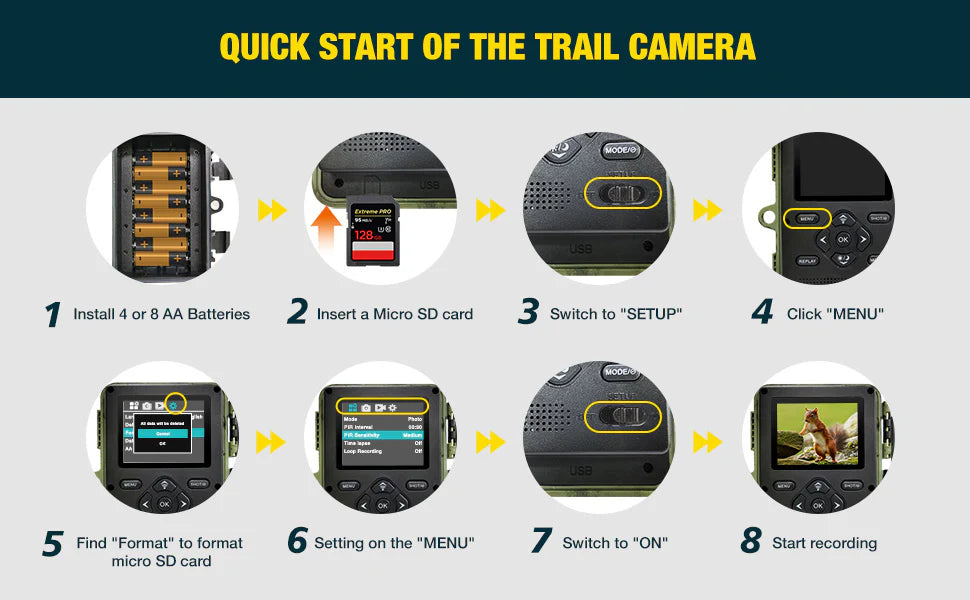 Campark TC06 4K Trail Camera, Install batteries and micro SD card, format settings, then turn on to start recording