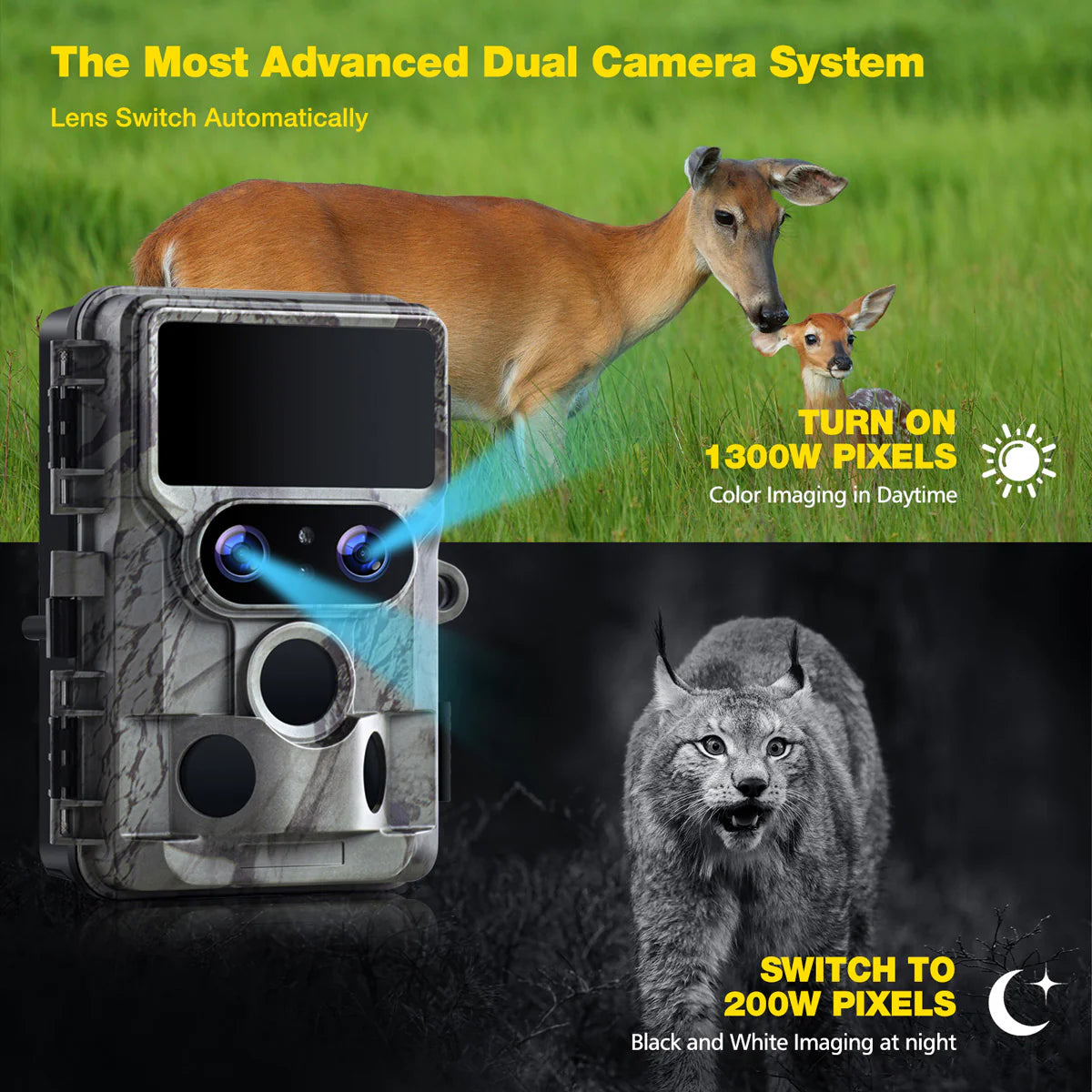 Campark TC06 4K Trail Camera, The most advanced dual camera system has lens switch functionality that adjusts between color and black and white imaging depending on day or night.