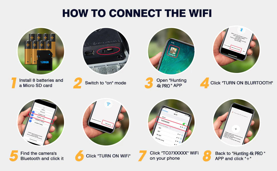 Campark TC07 Solar Trail Camera, Install batteries, enable Bluetooth, insert micro SD card, download 4K PRO app, and connect to TCOZXXXXX Wi-Fi network.