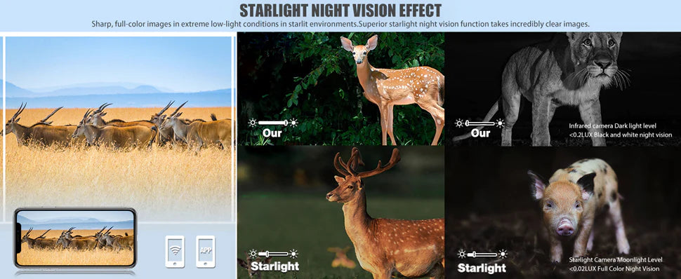 The Campark TC07 Solar Trail Camera captures clear images with starlight night vision effect and takes full-color photos in low-light conditions.