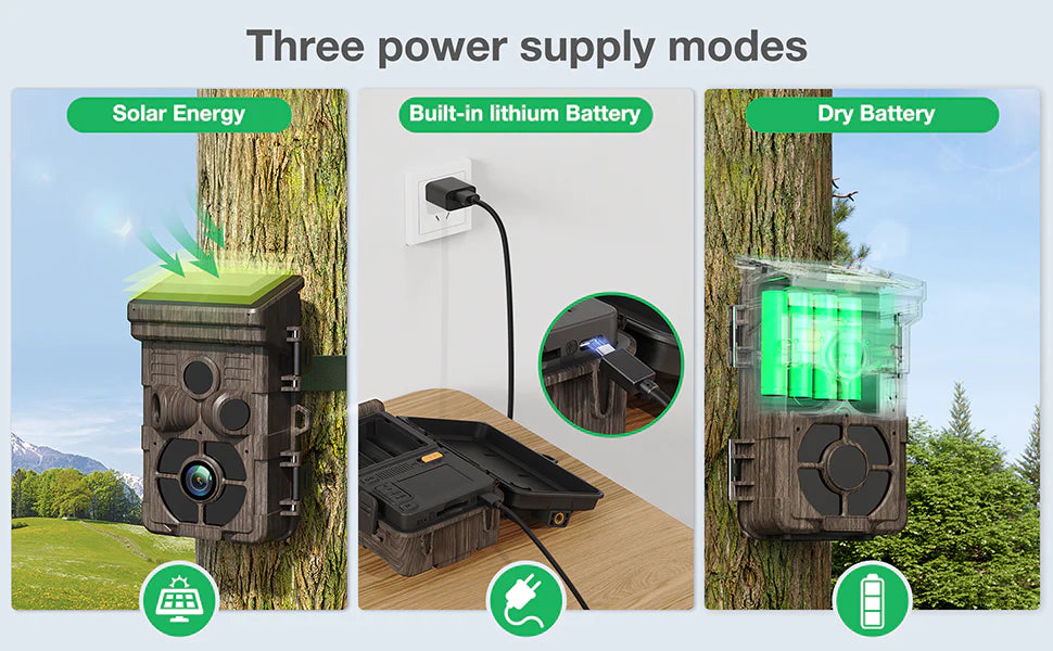 The TC16 Trail Cam has three power supply modes, including solar energy and a built-in lithium battery.