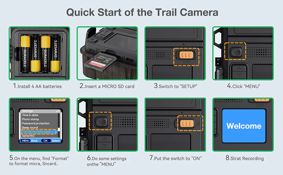 To install a trail camera, insert 4 AA batteries, a MICRO SD card, and set the switch to "SETUP", then follow setup steps.