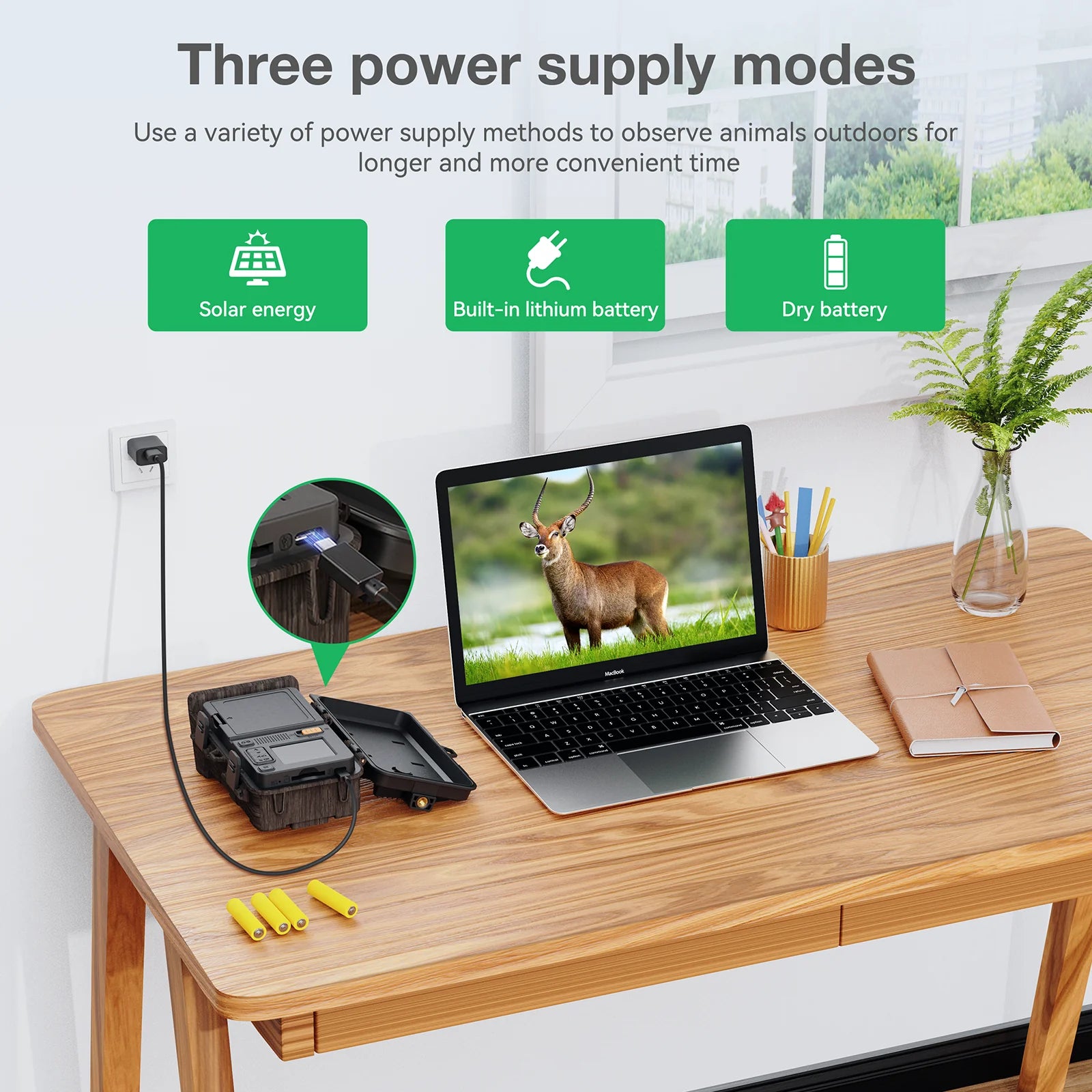 The TC16 camera offers three power supply modes for outdoor animal observation, featuring solar energy and a lithium-ion battery.