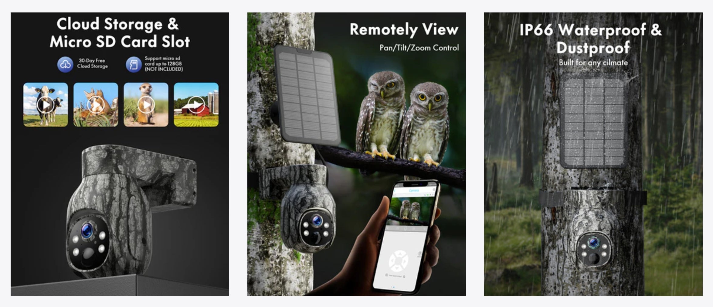 Campark TC17 Solar Trail Camera, The Campark TC17 camera has cloud storage, remote viewing, waterproofing, micro SD card slot, pan/tilt/zoom control, and dustproof construction.