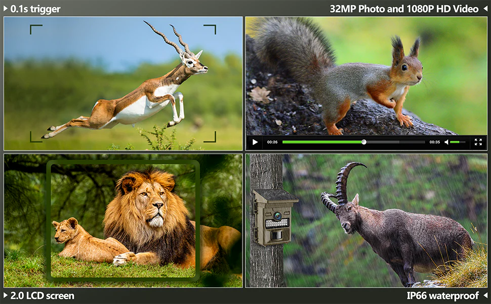 Camera features include 0.1 sec trigger, 32MP photos, 1080p video, 2.0" LCD, and IP66 waterproofing.