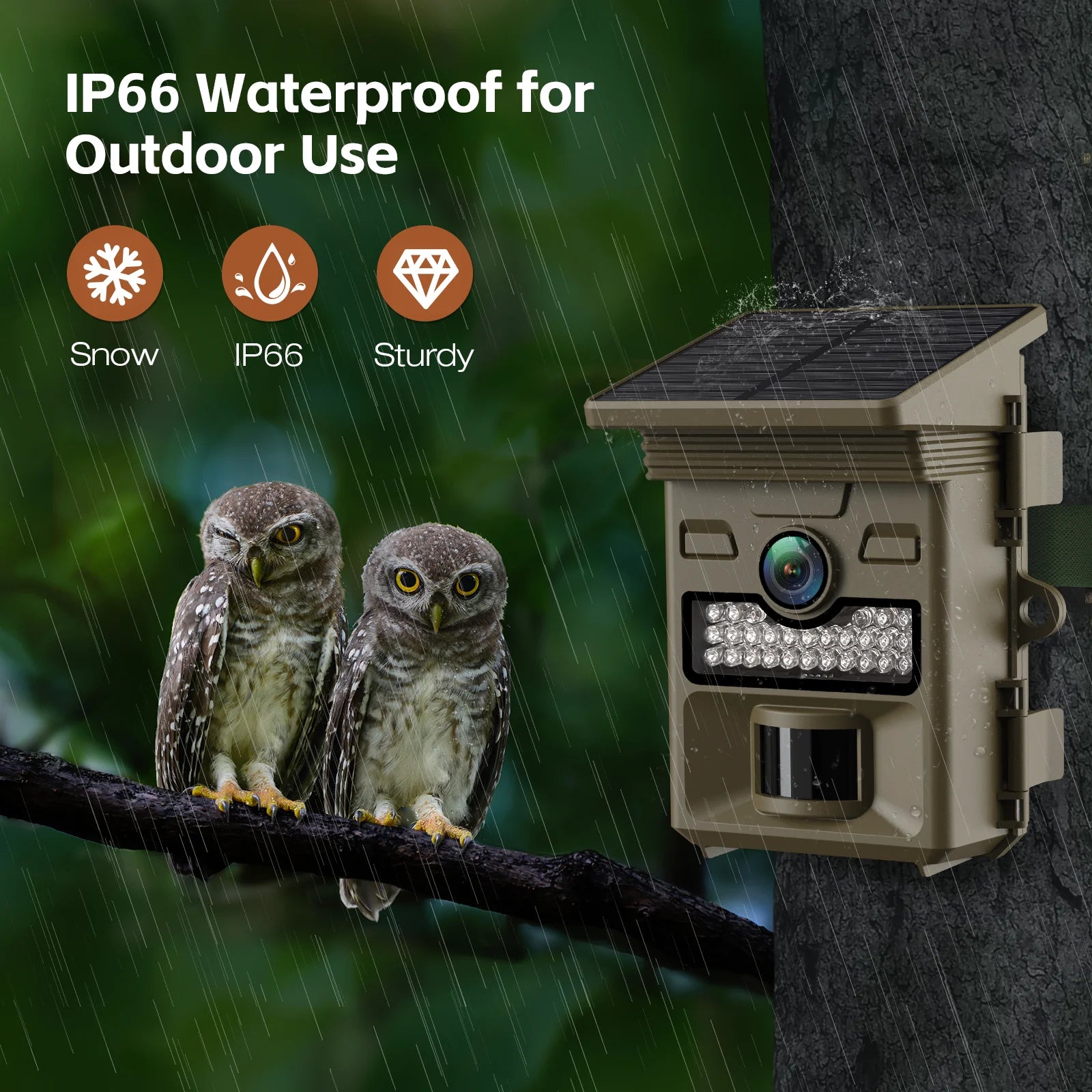 Waterproof trail camera designed for snowy conditions, capturing wildlife or surveillance footage outdoors.