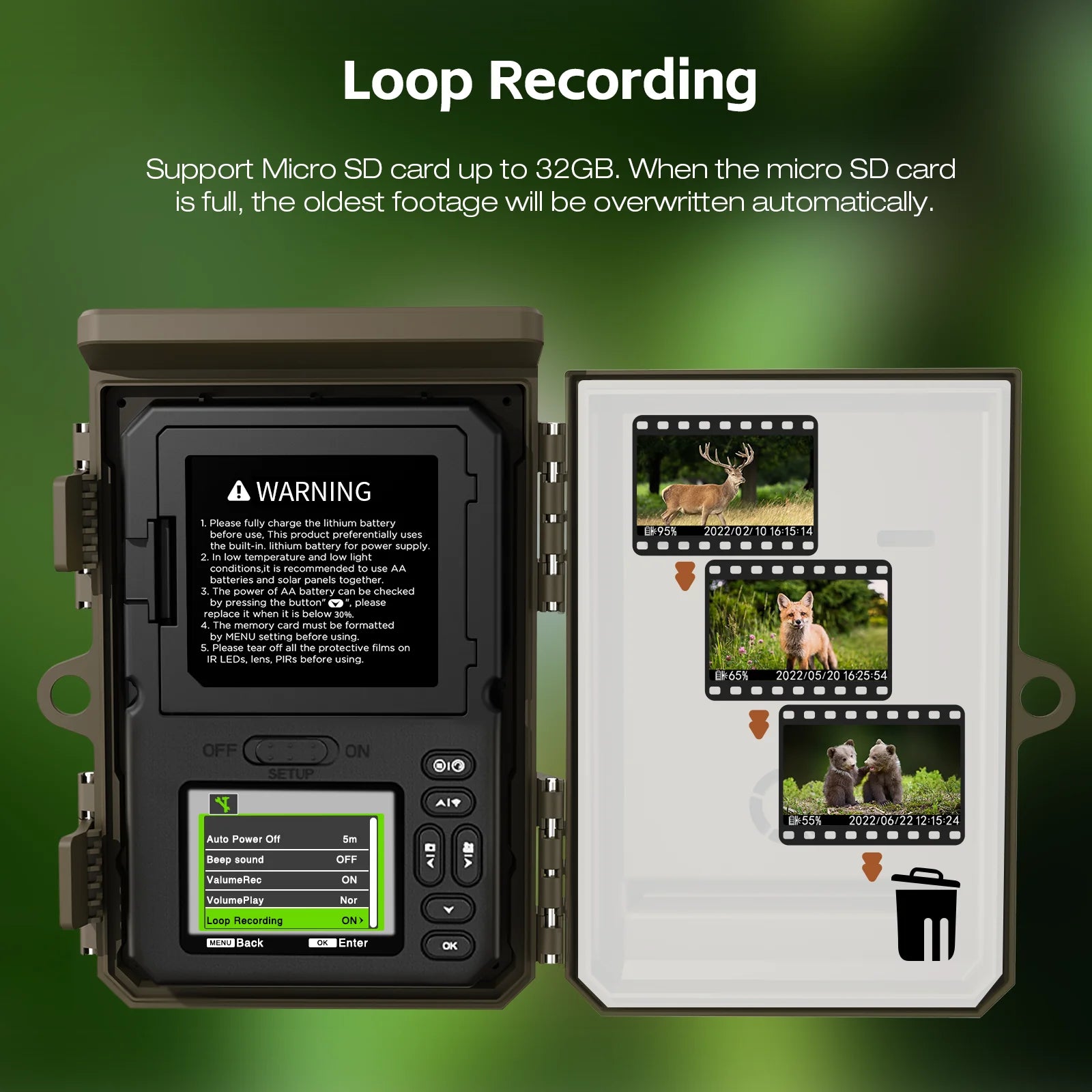 Camera features include loop recording, power supply options, and low-light recommendations; ensure memory card formatting and battery replacement as needed.