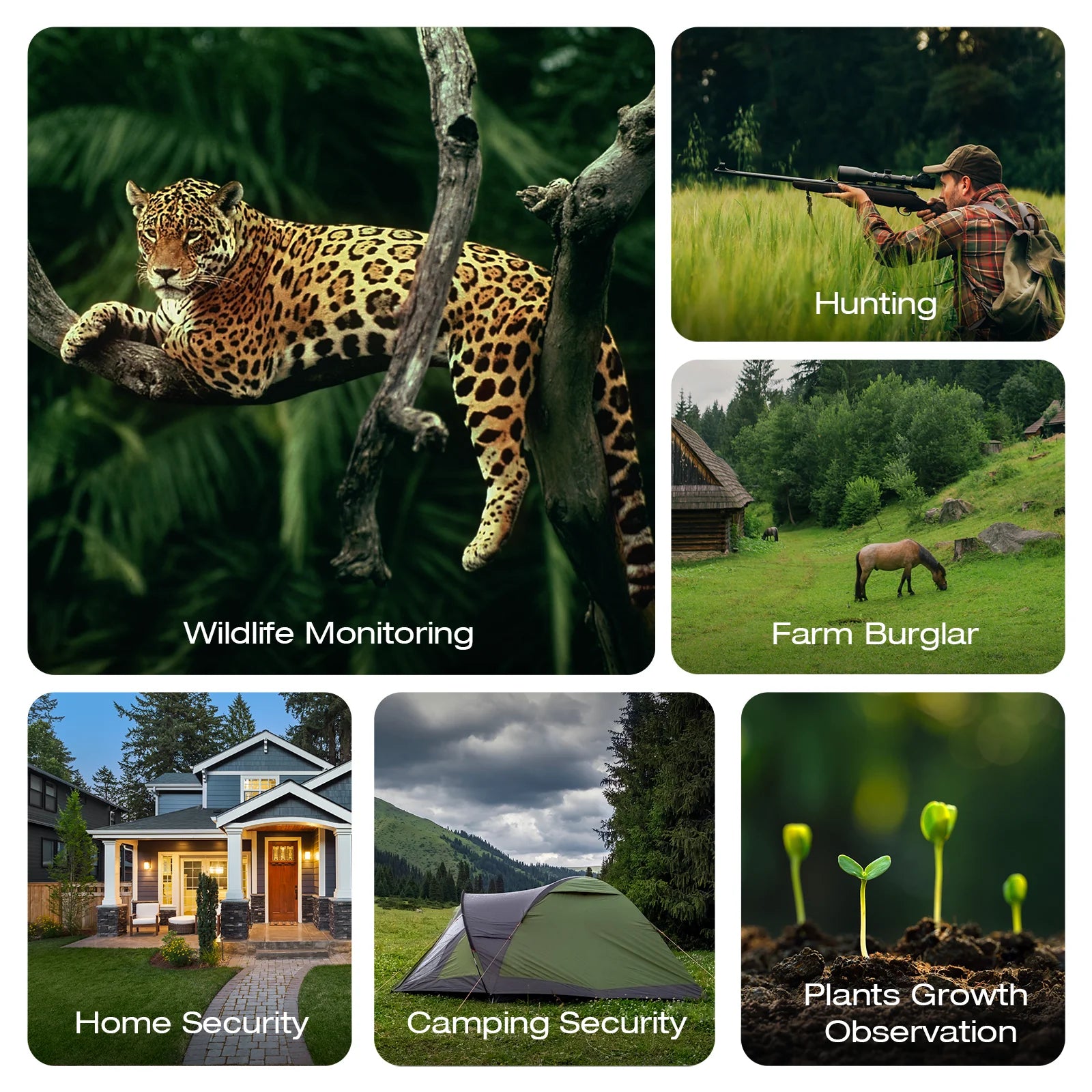 Waterproof trail camera captures wildlife moments for hunting, farm security, and home surveillance.