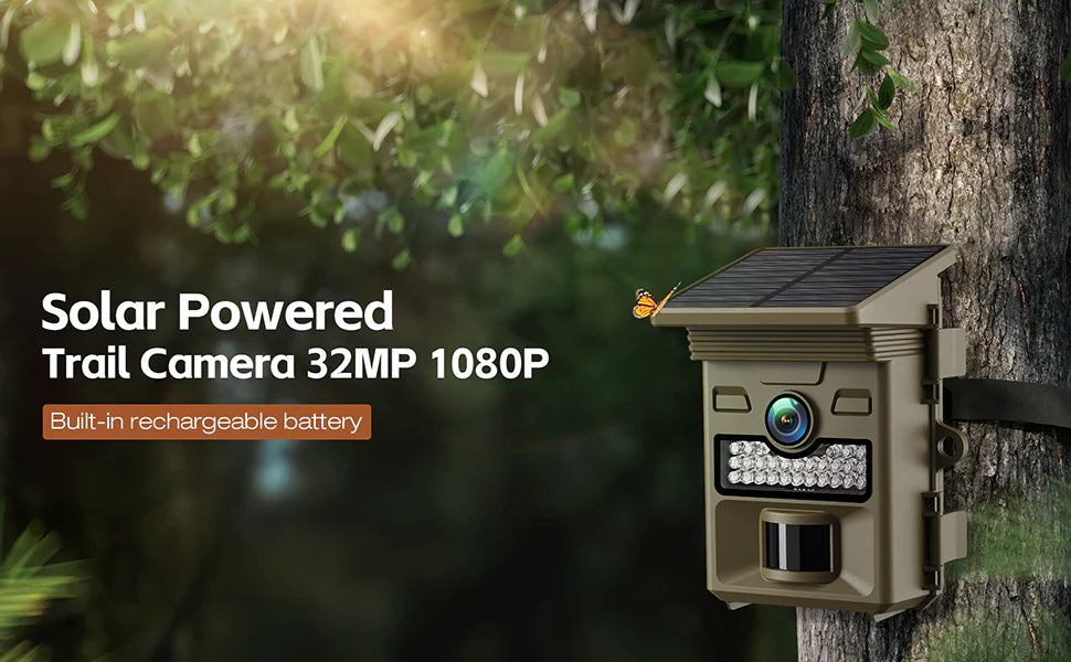 Trail camera captures 4K video and 32MP photos with built-in rechargeable battery.