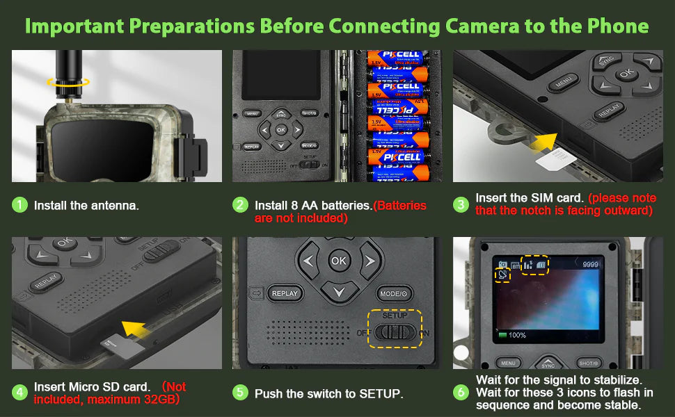 Campark TC20 Trail Camera, Insert SIM card, install antenna and batteries, insert micro SD card and set up camera phone.