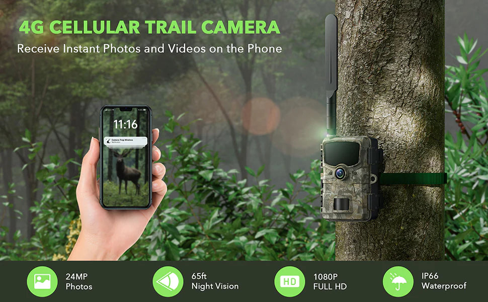 The Campark TC20 trail camera captures clear images up to 65ft away with 24MP resolution and full HD 1080p video.