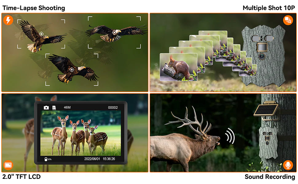 Time-Lapse camera features multiple shots, 10 photos taken every 2 seconds over 46 minutes, with additional features like a 2.0 inch LCD screen and sound recording.