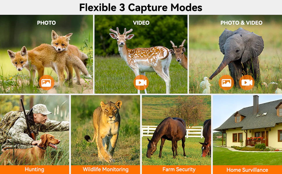 Flexible capture modes for photo and video, ideal for hunting, wildlife monitoring, farm security, and home surveillance.