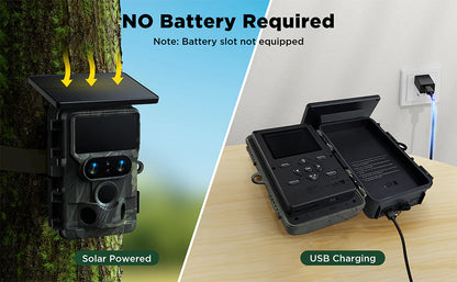 Capture memories with an eco-friendly solar-powered trail camera that also charges via USB.