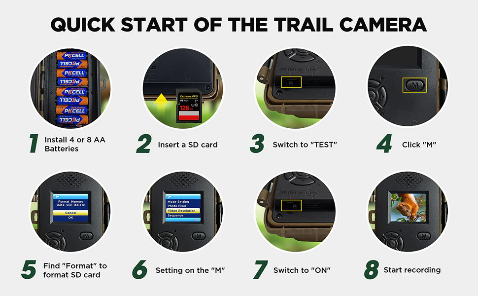 Set up Campark TC23 trail camera by inserting batteries, SD card and switching mode to TEST, then setting format to ON for recording.