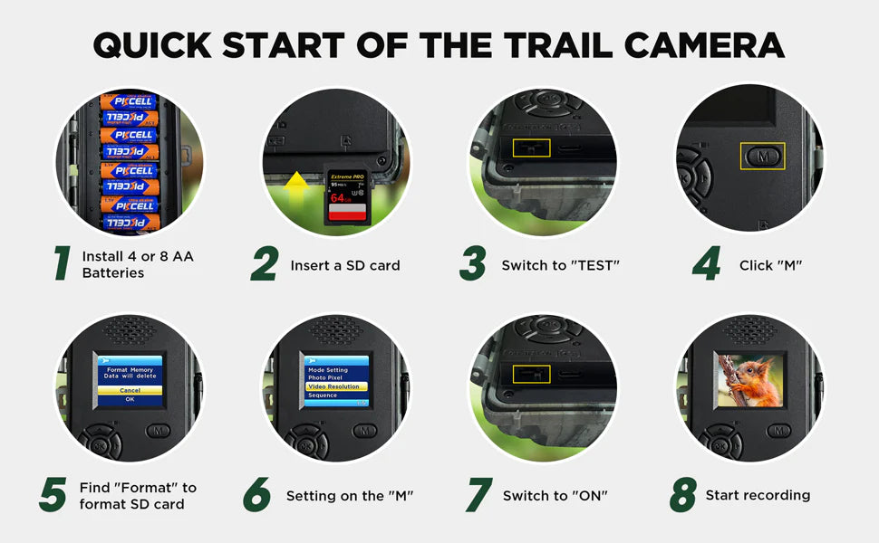 Campark TC24 4K Trail Camera, Quick Start: Install batteries, insert SD card, press "TEST" and "M", set resolution, then switch to "ON" and start recording.