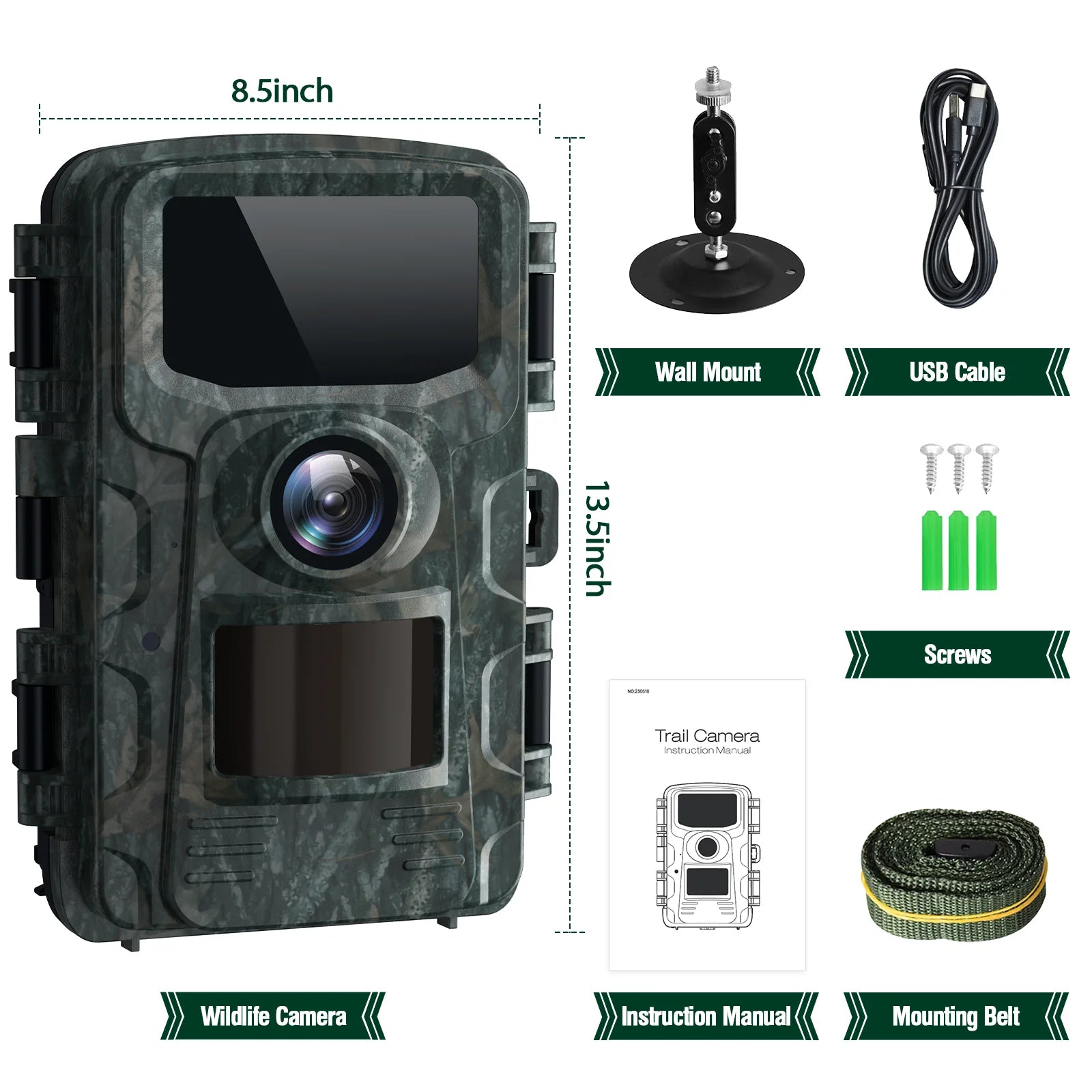 Campark TC24 4K Trail Camera, Camping essentials kit features a Sinch wall mount and belt for secure placement, plus a USB cable for image transfers.