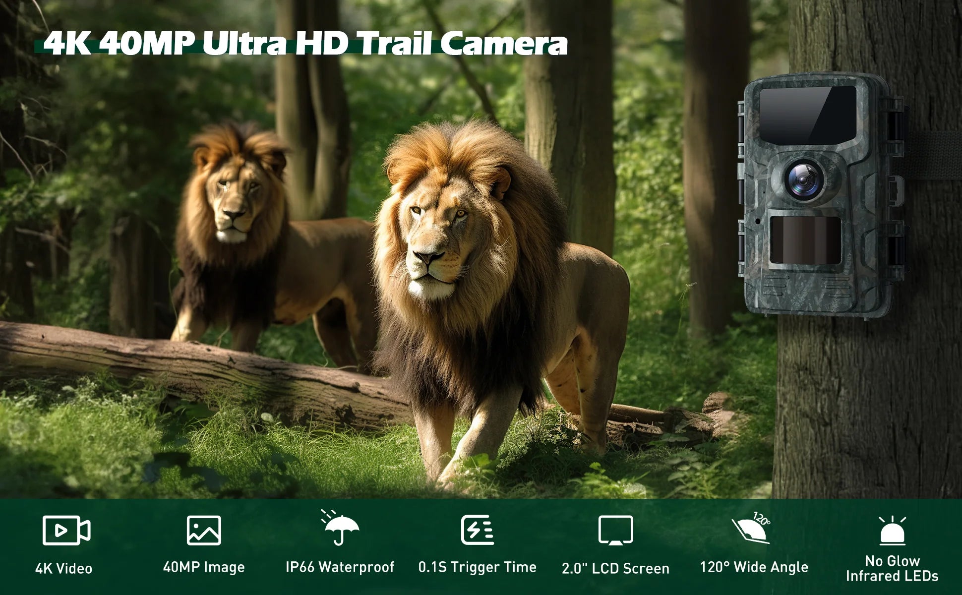 Campark TC24 4K Trail Camera, 4K trail camera captures life-like photos with 40MP resolution, featuring LK video, wide-angle LEDs, waterproof design, and quick trigger time.