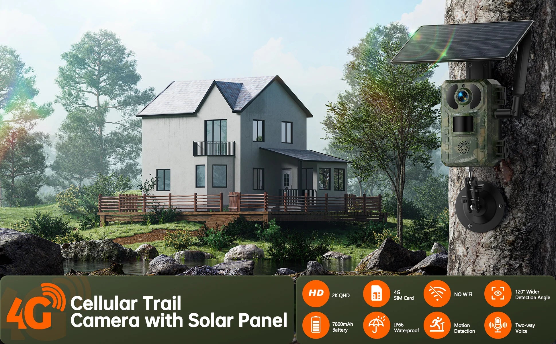 A cellular trail camera with HD display, wide SIM card detection angle, solar power, and water resistance.