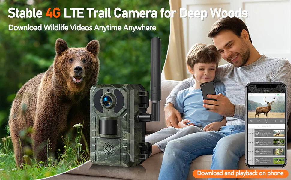 A stable 4G LTE trail camera captures wildlife videos in deep woods, allowing downloads and playback on phones.