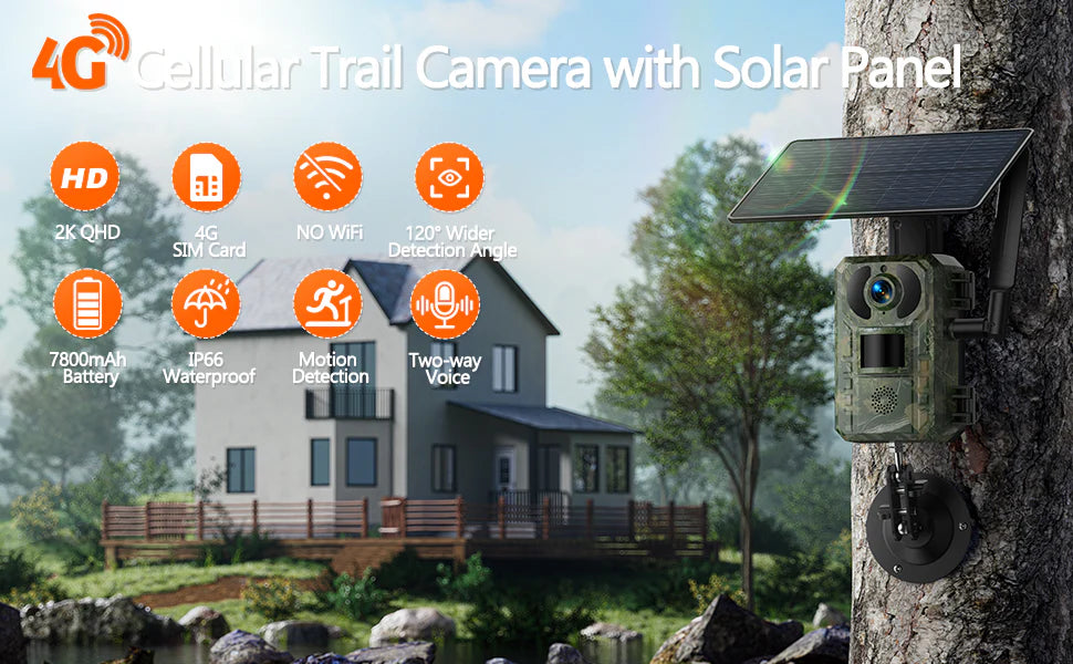 46-inch cellular trail camera with advanced features like HD video, motion detection, and solar power.
