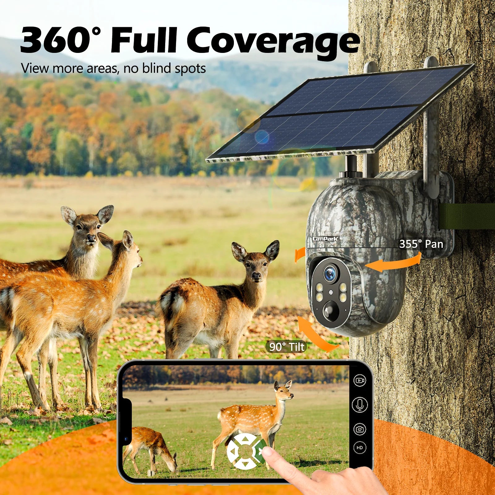 Campark TC27 Solar Trail Camera, Experience a full 360-degree view with no blind spots and a 90-degree pan tilt for unobstructed surveillance.