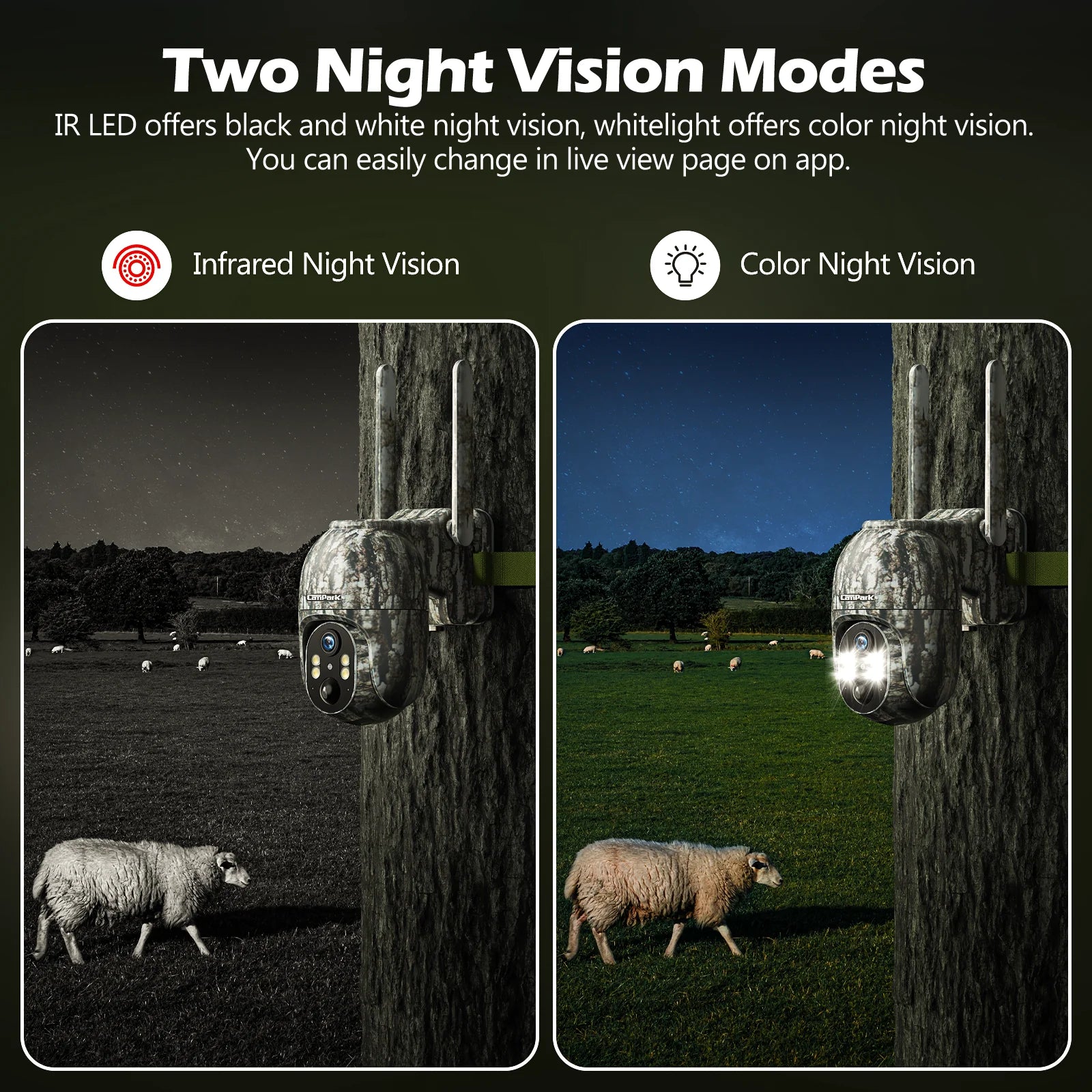 Campark TC27 Solar Trail Camera, The device has two night vision modes: IR LED for black and white, and WhiteLight for color, with mode switching available on the app.