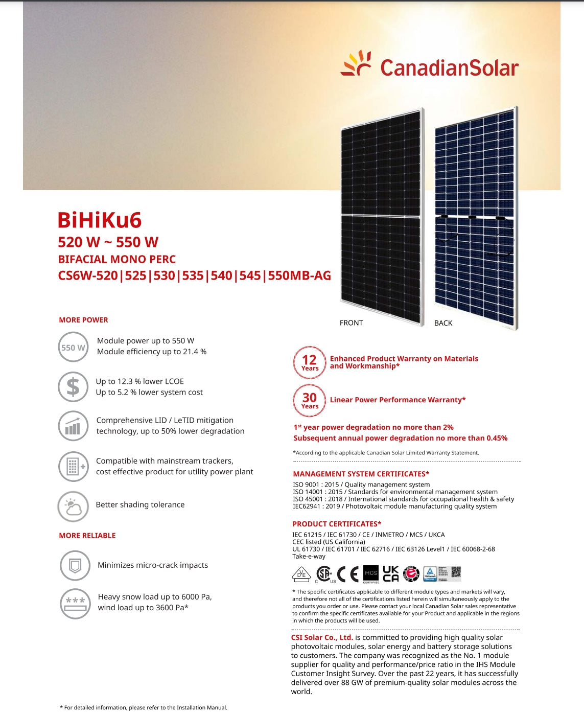 Canadian Solar 540 Watt Solar Panel, Canadian Solar 540W BiHiKug solar panel offers enhanced product warranty and LID LeTID mitigation technology for improved performance.