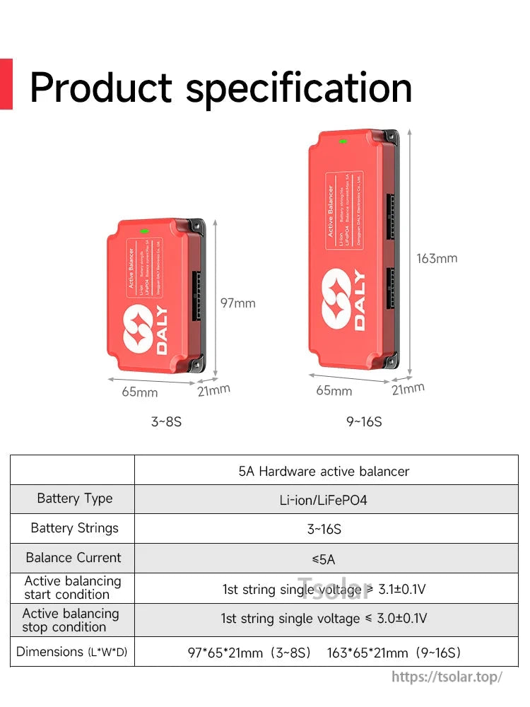 DALY 5A Active Balancer product specification chart with dimensions for 3–8S and 9–16S versions