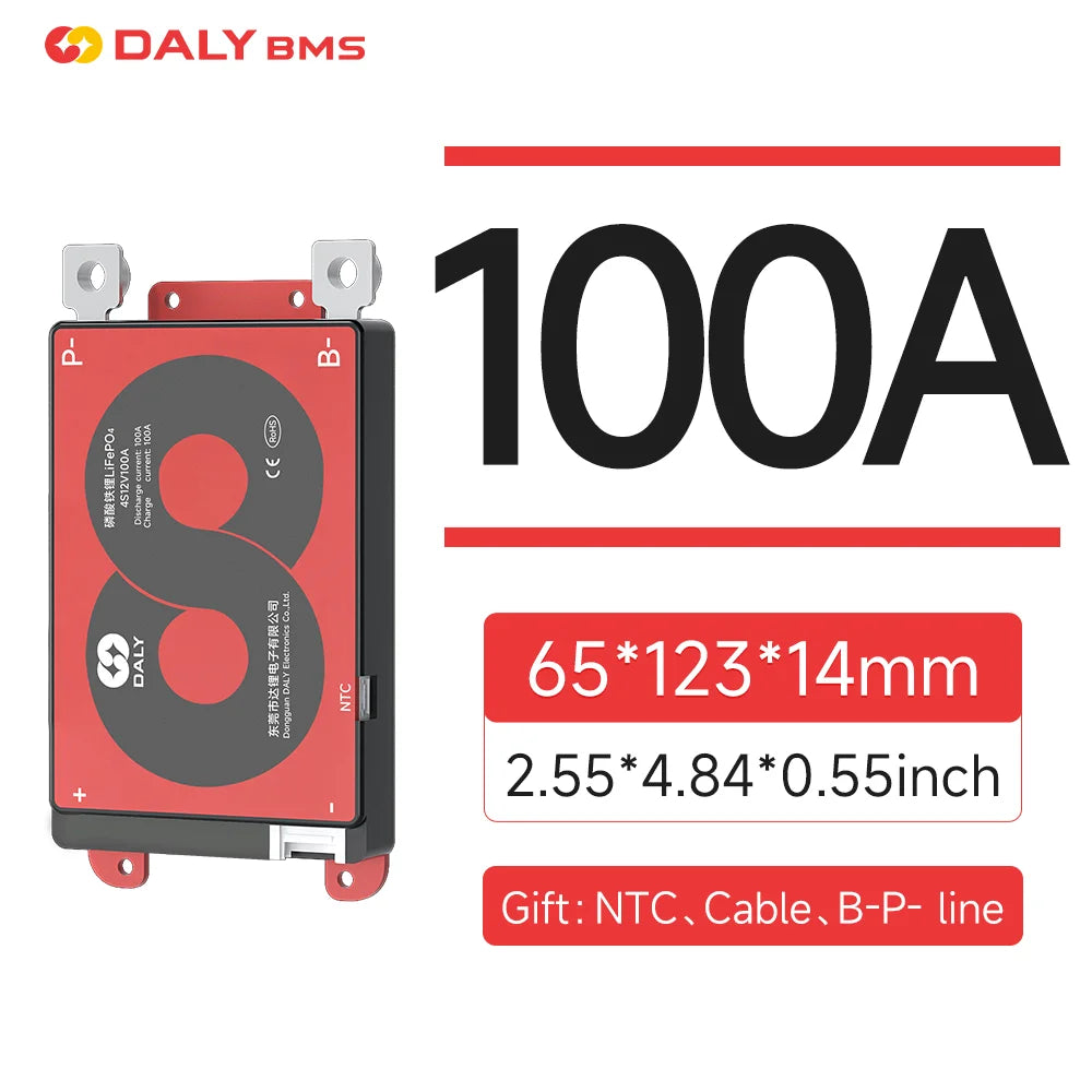 100A BMS size graphic showing 65×123×14 mm and included NTC, cable and B-P line
