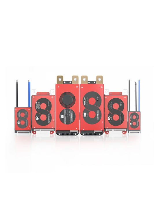 DALY Hardware BMS lineup in multiple sizes, red modules with B+ and P- terminals and wire leads