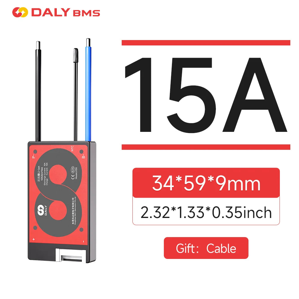 15A BMS size graphic showing module with leads, dimensions 34×59×9 mm and included cable