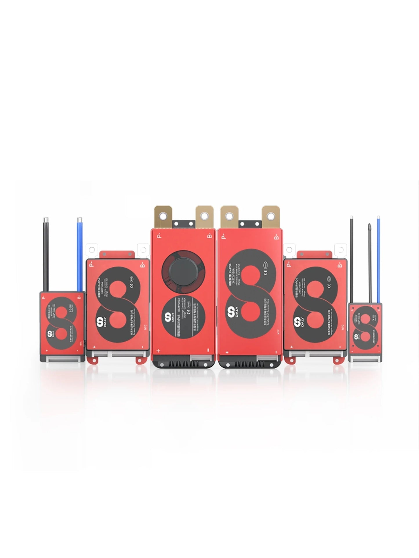 DALY Hardware BMS lineup showing multiple red modules in different sizes with wiring leads