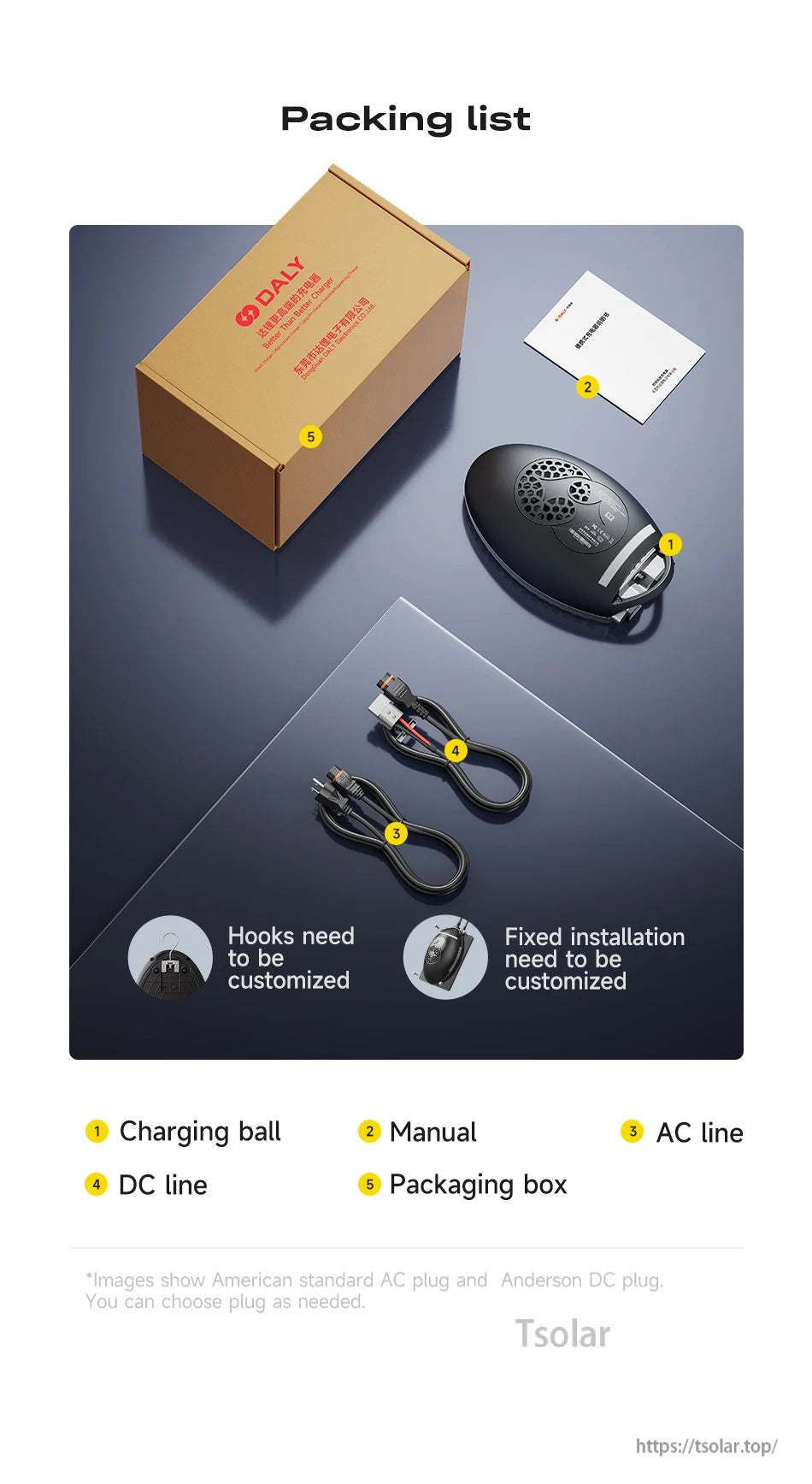 DALY charging ball lithium battery charger packing list with charger unit, manual, AC line, DC line, and box
