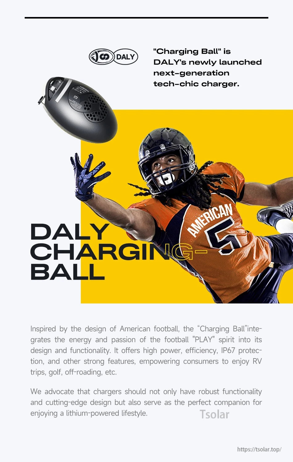 DALY Charging Ball promo graphic with product silhouette and brand text for next-generation charger design