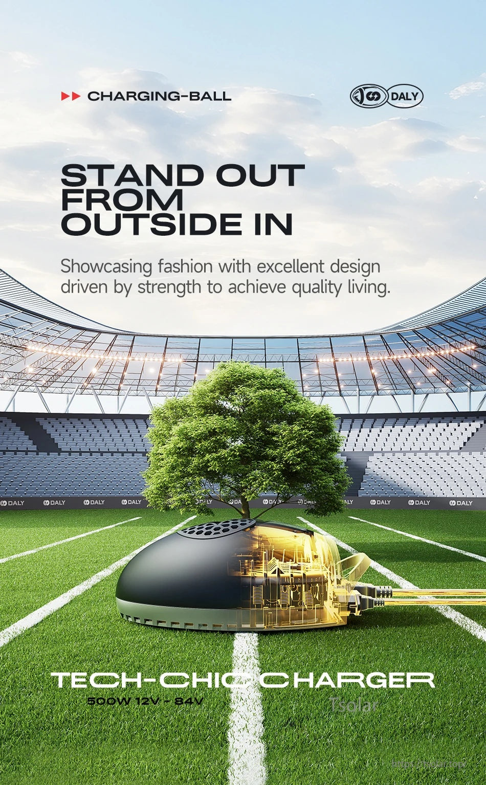 Cutaway-style Charging Ball charger graphic emphasizing internal structure and 500W tech-chic design concept