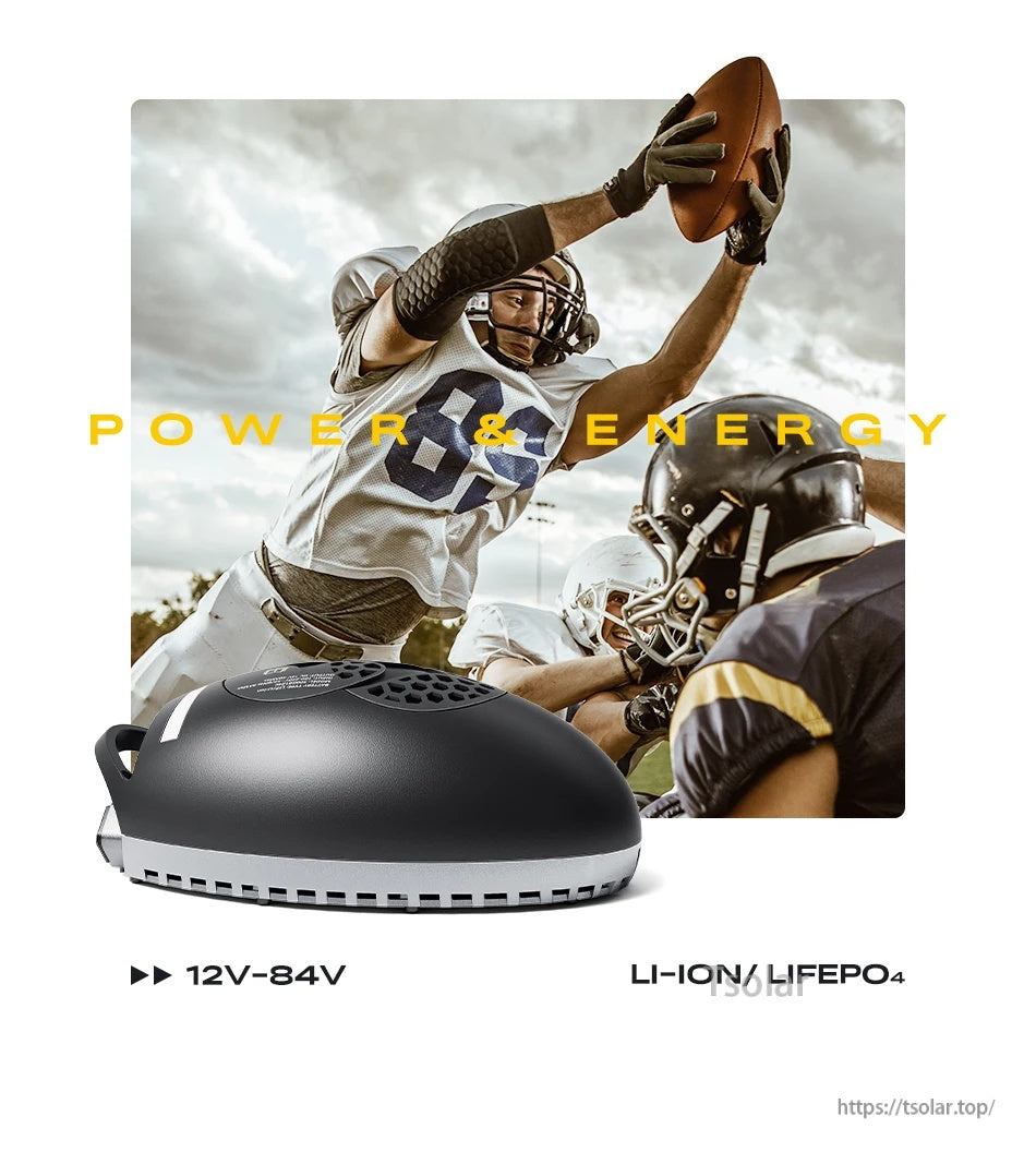 Side profile of Charging Ball charger highlighting 12–84V support for Li-ion/LiFePO4 battery chemistry