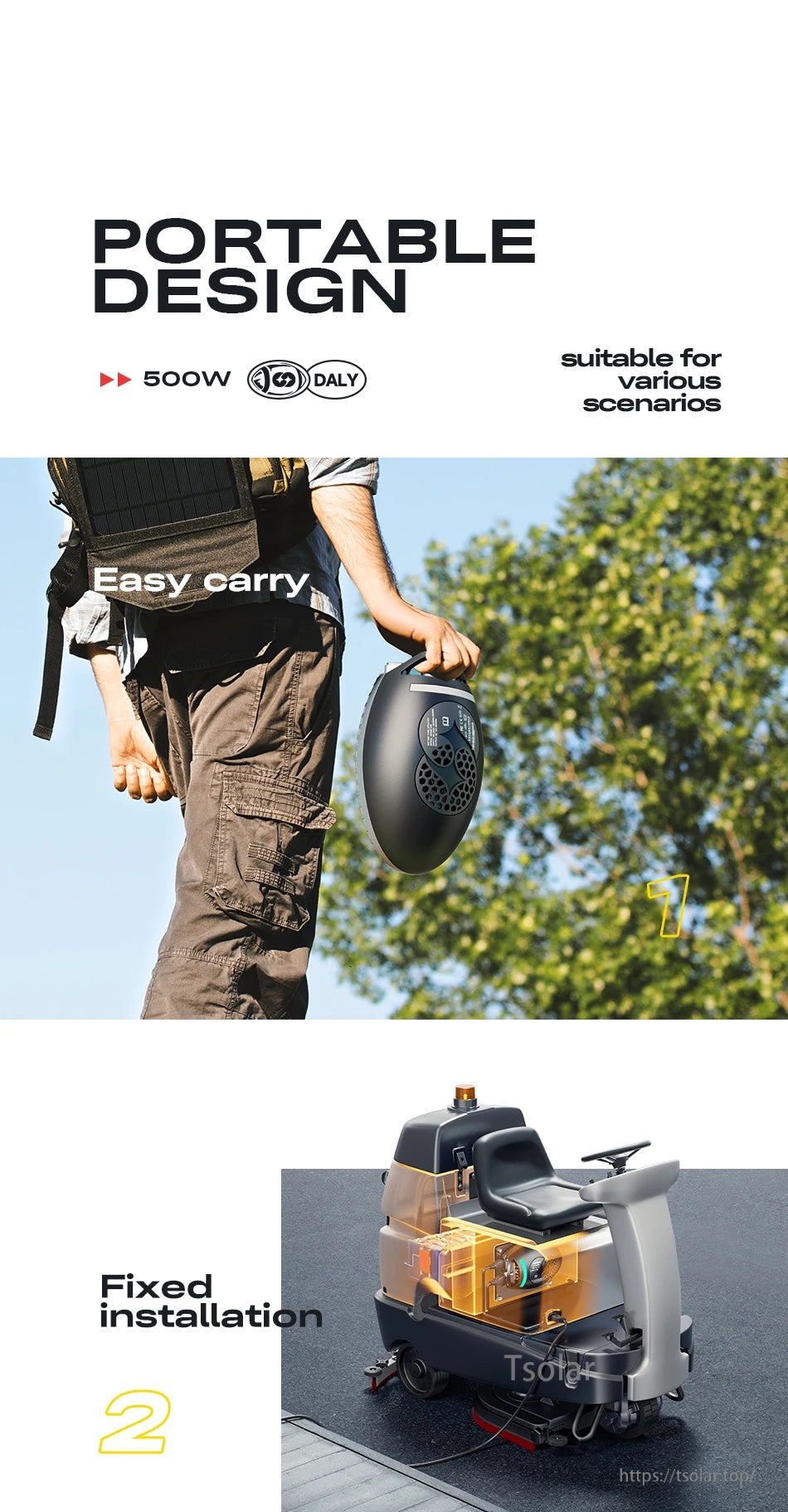 Portable design graphic: easy-carry handle and fixed installation example for DALY Charging Ball 500W charger