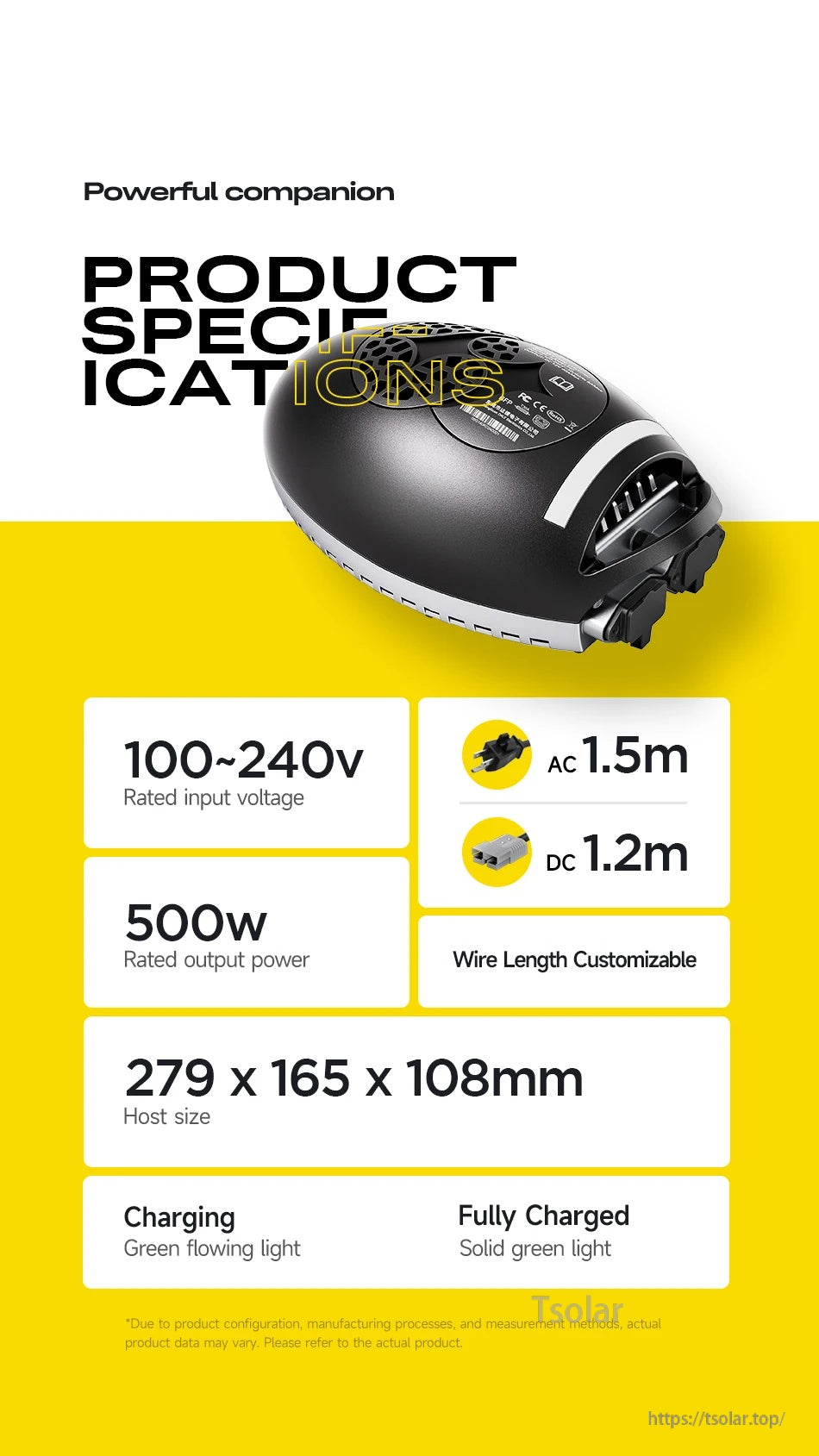 DALY charging ball 500W lithium battery charger with 100–240V input, AC 1.5m and DC 1.2m cables