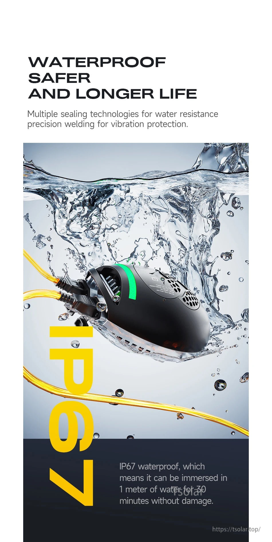 DALY charging ball lithium battery charger with attached cables, rated IP67 waterproof for outdoor use