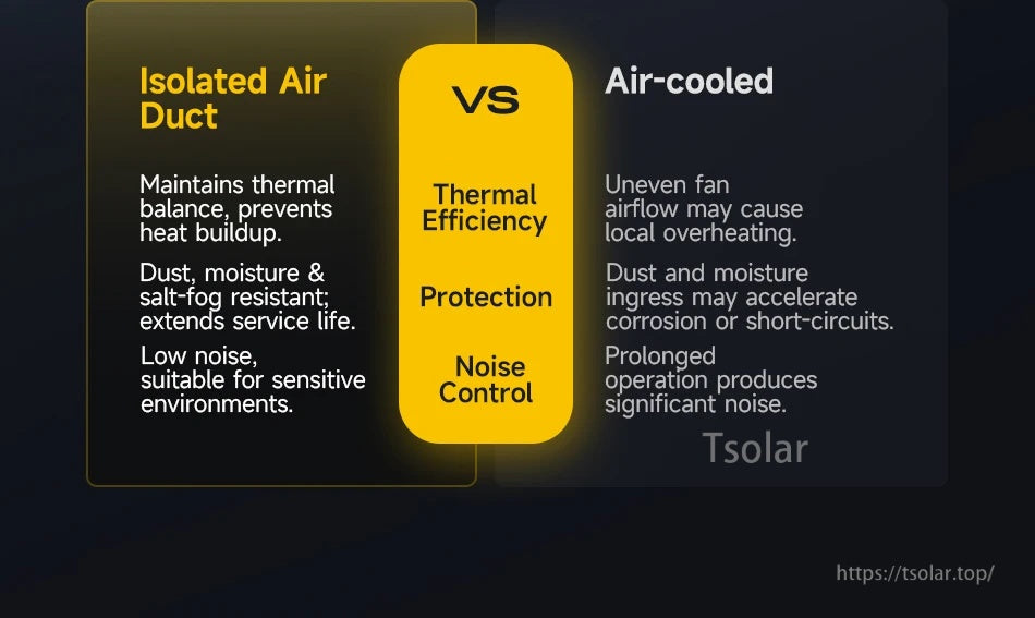 Comparison graphic of isolated air duct vs air-cooled design, highlighting thermal efficiency, protection and noise control.