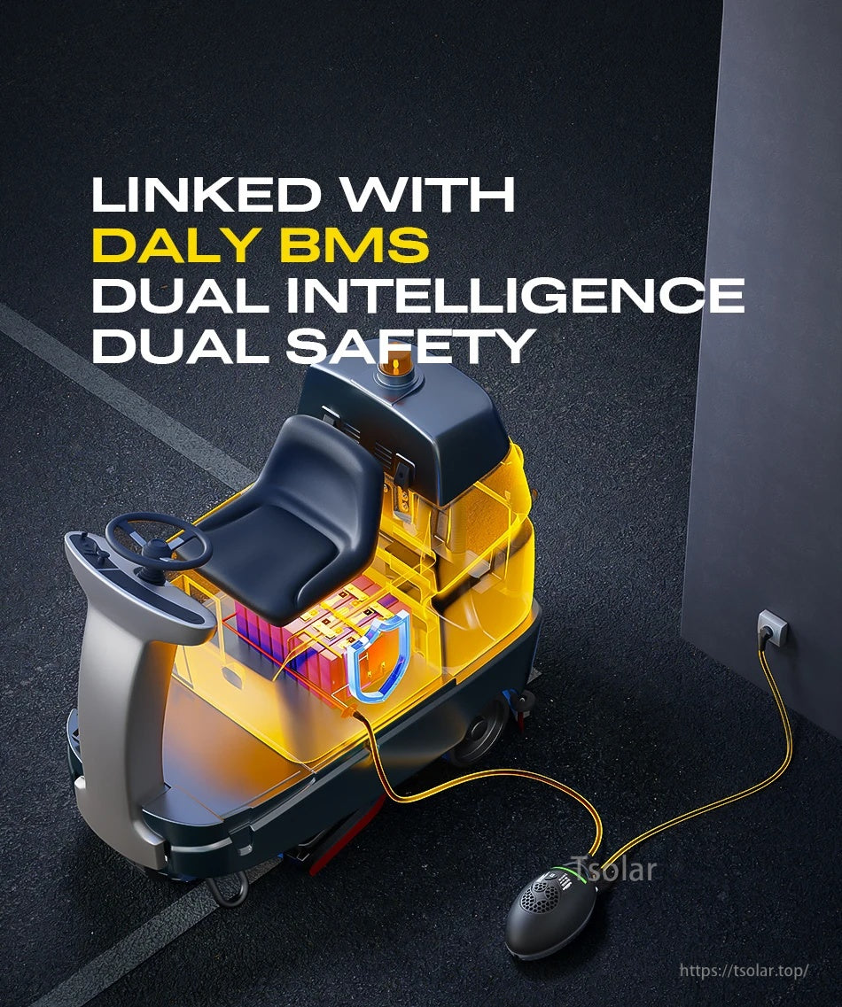 Graphic showing a ride-on floor scrubber battery system with text “Linked with DALY BMS” for dual intelligence and safety.