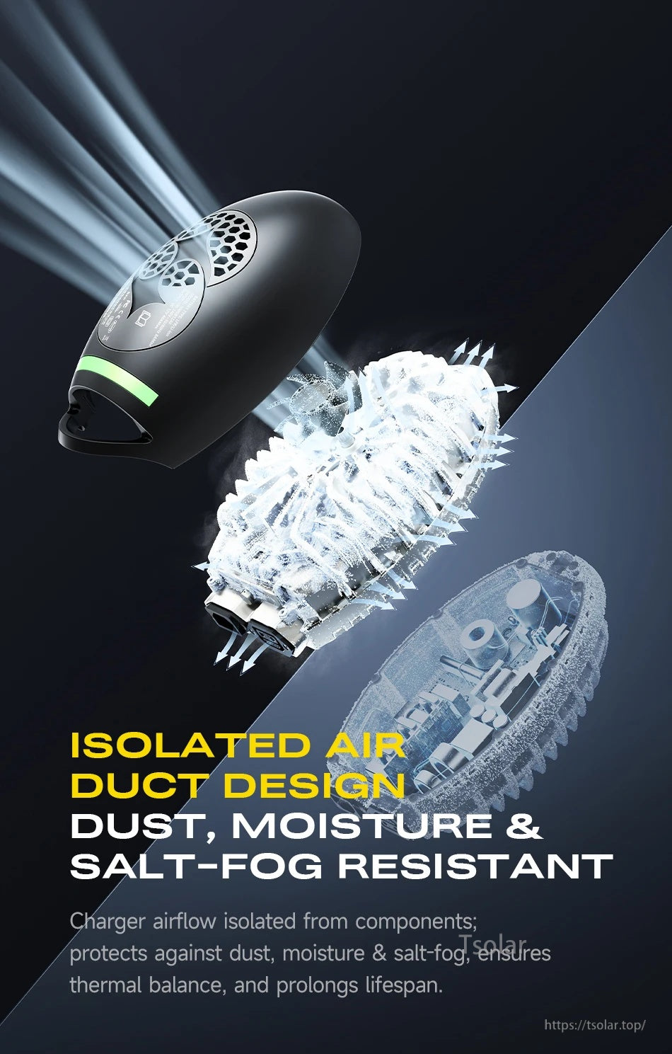 DALY Charging Ball lithium battery charger with vented housing and isolated air duct design callout text