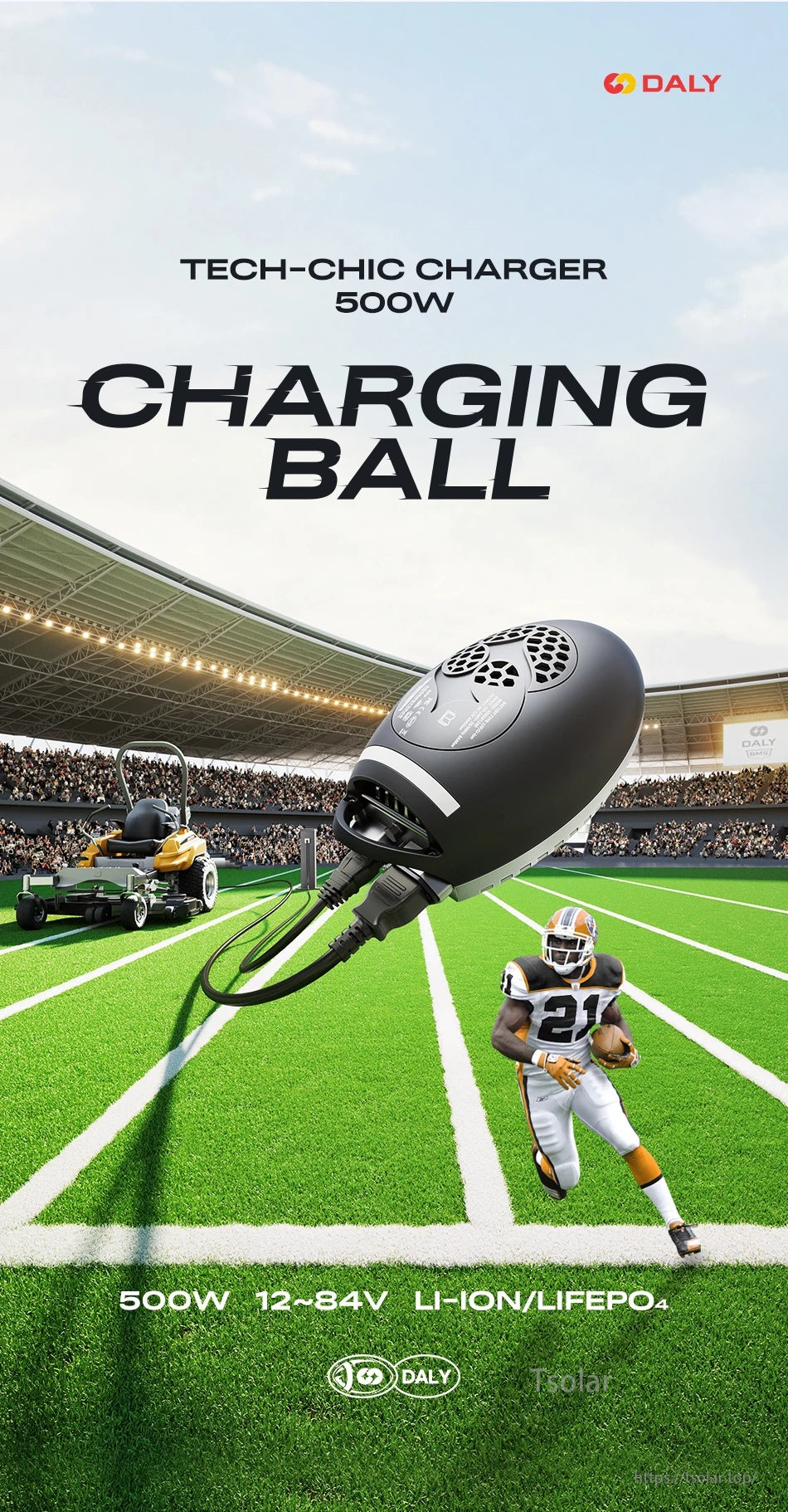 DALY Charging Ball 500W lithium battery charger promo graphic for Li-ion/LiFePO4 packs (12–84V series)