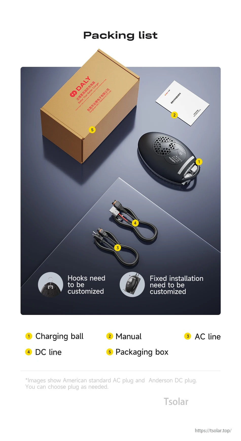 DALY charging ball lithium battery charger packing list with manual, AC power cord, DC cable and box